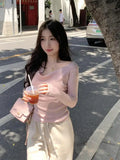 KYLETHOMASW  -  French Women Beige V-neck Holiday Cotton Sweater Autumn Pink Long Sleeve Knitted Pullover Tops Fashion 2024 Clothing Streetwear 