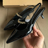 KYLETHOMASW  -  Black Pointed Toe Kitten Heel Pumps for Women Metal Chain Decoration Backless Elegant Dress Heels Luxury Designer Formal Shoes
