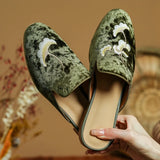 KYLETHOMASW  - Women's embroidery velvet slip-on flats summer mules round toe pigskin inside sheepskin insole casual female sandals shoes woman