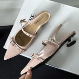 KYLETHOMASW  -  Rivet Metal Belt Buckle Design Low Heel Sandals Women Sexy Pointed Toe Patent Leather Slingbacks Round Heel Women Pumps Mules