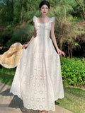 KYLETHOMASW  -  Elegant White Ruffles Womens Dresses French Square Collar Backless Sleeveless Party Dress Summer Holiday Prom Robe New Vestidos
