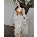 KYLETHOMASW  -  Palace Style Retro Set Women Brown Embroidered Vest+Irregular Drawstring Fashion Square Neck Elegant Dress High Quality Set Fall