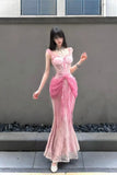 KYLETHOMASW  -  French Coquette Sexy Summer Pink Lace Mesh Mermaid Maxi Dress Women Ruffle Spaghetti Strap Bow Corset Waist Party Wear Clubwear