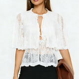 KYLETHOMASW  -  Women Lace Capelet with Bow Tie & Scalloped Trim Sheer Romantic Overlay Shirt Tops Shrug Cape Batwing Sleeve Cover Ups