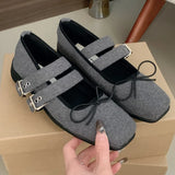 KYLETHOMASW  -  Simple Soft Bottom Buckle Flat Mary Jane Women Shoes Comfortable Bowknot Square Toe Designer Shoes Fashion Backless Loafer Shoes