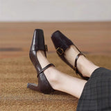 KYLETHOMASW  -  Metal Buckle Decoration Mary Jane Shoes Women Comfortable Leather High Heels Elegant Chunky Heel Women Pumps Zapatos De Mujer