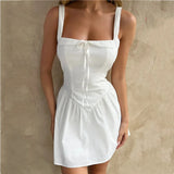 KYLETHOMASW  -  Sexy Bow Square Collar Corset style Mini Sling Dress Women Deep Backless Party Skater Low Waist Ruched A-line Sling Robe