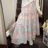 KYLETHOMASW  -  Korean Sweet Patchwork Floral A-line Skirt for Women Y2k High Waist Skirts 2024 Summer New Loose Mid-length Vintage Clothing