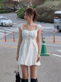 KYLETHOMASW  -  2025 New Korean Chic Summer Gentle Temperament Square Neck Cross Tie Waist Slimming Sleeveless Cake Vest Dress Women