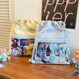 KYLETHOMASW  -  Portable Transparent Pocket Drawstring Backpack PU Lightweight Itabag Handheld Bag Large Capacity Shoulder Bag Casual