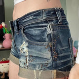 KYLETHOMASW  -  Plus Size Y2K Style Distressed Low Waist Denim Shorts for Women with Rhinestone Patchwork Sexy Slim Fit Hot Pants Trendy Outfit
