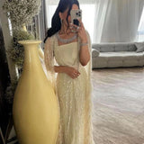 Kylethomasw Said Luxury Dubai Feathers Light Yellow Evening Dresses with Cape Sleeves Arabic Purple Women Wedding Party Gowns SS420