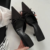 KYLETHOMASW  -  New Butterfly-knot Women Slipper Summer Pointed Toe  Slip on Ladies Mules Thin Low Heel Satin Slide Sandals Zapatos Mujer