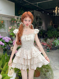 KYLETHOMASW  -  2025 Girl Dress Sweet Floral Square Neck Bow Women Korean Version Slimming Style Spliced Fluffy Cute Sweet Dresses