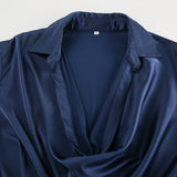 KYLETHOMASW  -  Office Siren Satin Dress for Women's Autumn Elegant Blue Swing Collar Long-sleeved Slim Fit Short Dress Female Clothes
