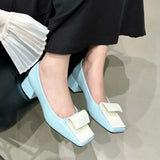 KYLETHOMASW  -  Elegant Mixed Color Square Toe Shallow Mouth Women High Heel Comfortable Brand Designer Office Women Low Heeled Women Wedge Shoe