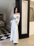 KYLETHOMASW  -  Ink Blue Blended Long Dress For Women In Autumn And Winter, With A High-End Feel And Printed Elastic One Neck Knitted Dress