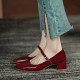 KYLETHOMASW  -  Spring Autumn Women Buckle Mary Janes Shoes Patent Leather Dress Shoes High Heels Pumps Retro Ladies Shoe Black Red