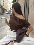 KYLETHOMASW  -  summer new style sloping shoulder off-shoulder T-shirt asymmetric pleated pure color short sleeve