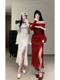 KYLTHOMASW  -  Sweet Hot Girl Christmas Red Dress for Women's Autumn and Winter Pure Sexy Slim Fit Off Shoulder Dress Fashion Female Clothes