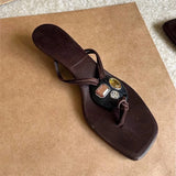 KYLETHOMASW  -  Summer New Women's Brown Flip Flops Square Toe Kitten Heel Rhinestone Inlaid Retro Casual Ladies Beach Outdoor Slippers