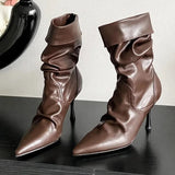 KYLETHOMASW  -  Fashion Pleated Sewing Design Ankle Boots Women Elegant Pointed Toe Thin Heel Modern Boots Comfort Soft Leather Zapatos De Mujer