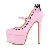 KYLETHOMASW  -  Pink Leather Mary‑Jane Platform Stiletto Pumps Black Contrast Stitching Back Bow Decor Round Toe Adjustable Buckle Shoes