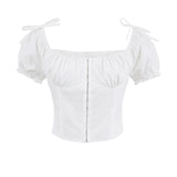 KYLETHOMASW  -  Sexy White U Collar Metal Hook Buttons Short Puff Sleeve Shirt Women Tie Bow Shoulder Center Slim Crop Tops Black