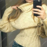 KYLETHOMASW  -  Y2K Women's Cream Cowl Neck Knit Pullover Lantern Sleeve Solid Sweater 2000s Aesthetic Slim Cozy Casual Streetwear Outfit Tops