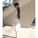 KYLETHOMASW  -  Japanese Floral Print Sweet Knee Length Skirt Women Summer High Waist Lace Up Contrast Color Patchwork Fold A-line Skirt