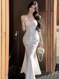 KYLETHOMASW  -  Woman Dress Sleeveless Satin V Neck Lace Patchwork Bandage Sexy Elegant Backless Mermaid Dresses Party Female Fashion