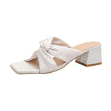 KYLETHOMASW  -  French Style Satin Soft Surface Comfortable Simple Open-Toe Square Head High Heel Beach Sandals Rubber Sole Square Toe Shoes