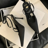 Kylethomasw Luxury Diamond Silk Thin High Heels Women Cross-Strap Sexy Banquet Dress Shoes Female Crystal Brand Pointed Toe Sandals Women