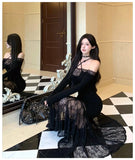 KYLETHOMASW  -  Black Patchwork Lace Sheer Sexy Ruffled Long Dress Women Elegant Chic Neck-mounted Dress Autumn Korean Bodycon Party Dress