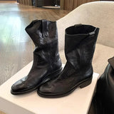 KYLETHOMASW  -  Women's Cowboy Boots Mid Calf Boots Western Short Embroidered Round Toe Low Heel Slip on Comfort Dress Slouchy Booties