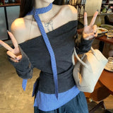 Kylethomasw High Street Contrast Color Patchwork Long-sleeved T-shirt Women 2024 Autumn New Off-shoulder Lace-up Sexy Slim Irregular Tops