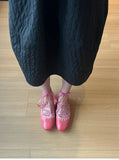 KYLETHOMASW  -  Cowhide Version Pink Single Shoe Women's Square Head Shallow Mouth Design Sense Cross Strap Ballet Shoes Low Heel Mary Jane Shoe