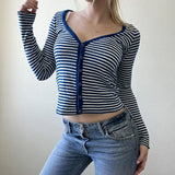 KYLETHOMASW  -  European and American women's basic contrasting striped V-neck slimming button up cardigan simple and versatile commuting  top