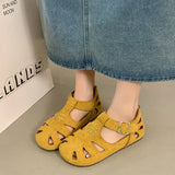 KYLETHOMASW  -  ONG Genuine Leather Hollow out Flat Roman Sandals Versatile Casual Cage oes mid Heel round Toe Summer Faion Women's oes