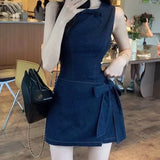 KYLETHOMASW  -  Blue Denim Dresses Women Sleeveless Bandage Bow Solid Vestidos Para Mujer Korean Fashion Elegant Mini Dress