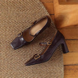 KYLETHOMASW  -  Metal Buckle Decoration Mary Jane Shoes Women Comfortable Leather High Heels Elegant Chunky Heel Women Pumps Zapatos De Mujer