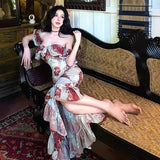 KYLETHOMASW  -  Sexy Floral Print Off-Shoulder Dress Women Sweet Elegant Ruffle Long Midi Dress Vintage Style Summer Party Dress Female
