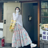KYLETHOMASW  -  Korean Sweet Patchwork Floral A-line Skirt for Women Y2k High Waist Skirts 2024 Summer New Loose Mid-length Vintage Clothing