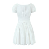 KYLETHOMASW  -  Sweet Women Ruched Chest Fish bow Waist Corset Style Dress Short Sleeve Cross Bandage Lacing up Back Bodycon Mini Party Robe