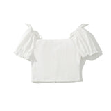 KYLETHOMASW  -  Sexy White U Collar Metal Hook Buttons Short Puff Sleeve Shirt Women Tie Bow Shoulder Center Slim Crop Tops Black