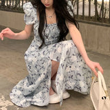 KYLETHOMASW  -  Women Summer Fashion Floral Print Square Collar Lace-up Elegant Party Dresses Sweet Chic Short Sleeve Slim Fairy Midi Dress Robe