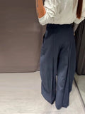 KYLETHOMASW  -  High Waist Striped Wide-Leg Pants For Woman Loose Irregular Floor-Length Trousers Single Bitton Pockets Fashion Casual Clothes