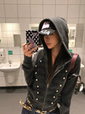 KYLETHOMASW  -  Y2K pink short-sleeved hooded pullover women's zipper sweatshirt double-button metal button cardigan streetwear punk high street