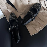 KYLETHOMASW  -  Retro Rivet Mary Jane Shoes Women Fashion Belt Buckle Round Toe Ballet Flats Comfortable Soft Sole Flat Shoes Zapatos De Mujer