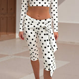 KYLETHOMASW  -  Fashion Women Polka Dot Printed Capris Low Rise Stretchy Cropped Pants Side Bow Tie Skinny Capri Leggings Going Outs